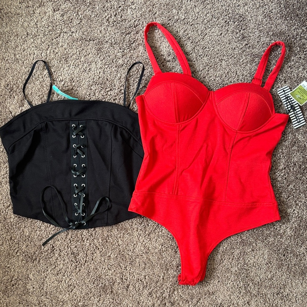 Red Bustier Bodysuit with Black Lace-Up Top